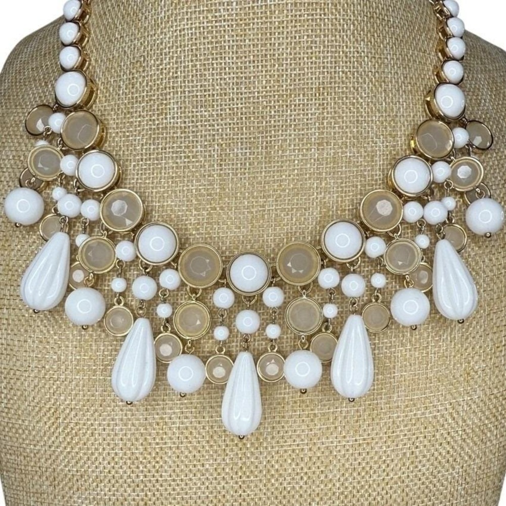 Boho Glam Statement White Champagne Gold Tone Bib Necklace from Banana Republic - Picture 2 of 14
